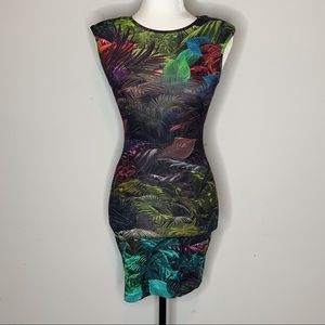 Tropical plant dress w/ shoulder pads